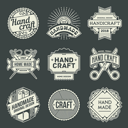 Logotypes Hand Craft Vintage. Outline Insignias. Vector Illustration. Dark Background.