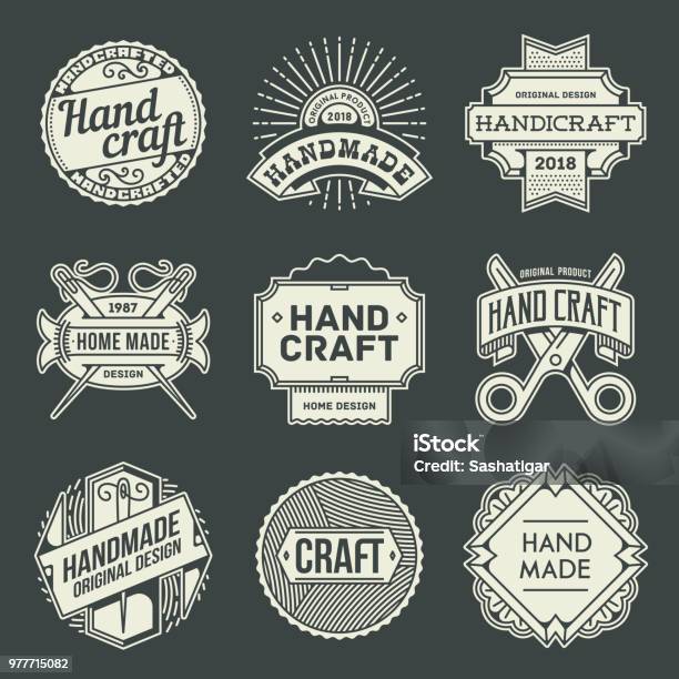 Logotypes Hand Craft Vintage Outline Insignias Vector Illustration Dark Background Stock Illustration - Download Image Now