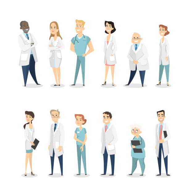 illustrazioni stock, clip art, cartoni animati e icone di tendenza di diversi medici insieme. - doctor healthcare and medicine nurse team