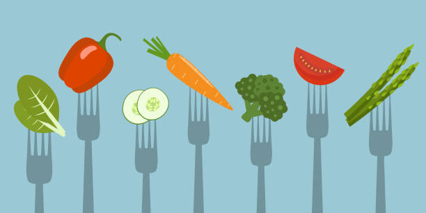 illustrations, cliparts, dessins animés et icônes de légumes et fruits sur une fourche. illustration vectorielle de nourriture saine. - 3287