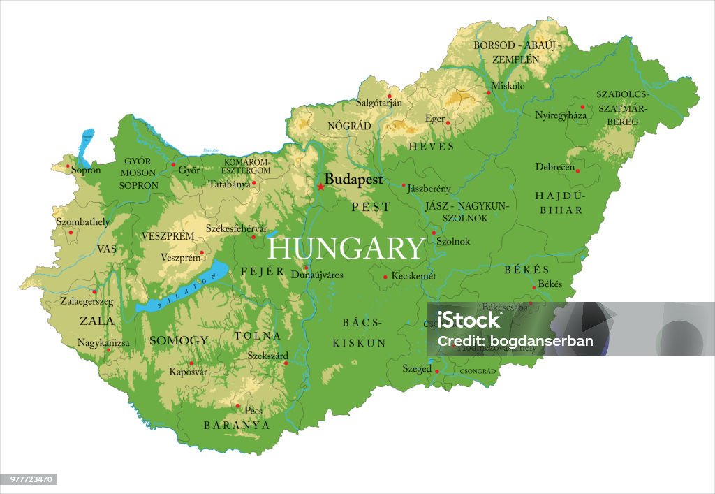 Hungary physical map Highly detailed physical map of the Hungary, in vector format,with all the relief forms,regions and big cities. Hungary stock vector