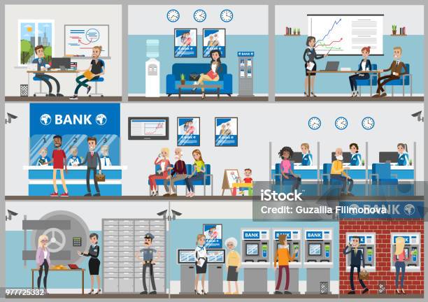 Bank Offices Set Stock Illustration - Download Image Now - Bank - Financial Building, Banking, Indoors