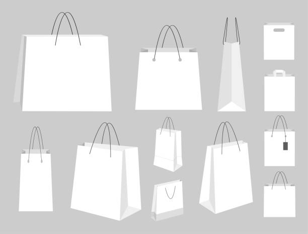 White template shopping bags. White template shopping bags set on grey background. shopping bag illustrations stock illustrations