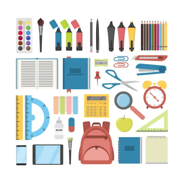 Vector illustration of School stationary set.