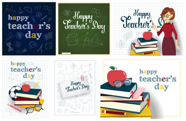 счастливые учителя день поздравительные открытки набор. - с днем учителя stock illustrations
