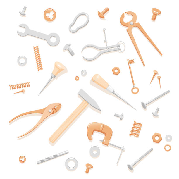 Tools pattern Illustration of household tools lying in a pattern. Tools composition for banner. Illustration of tools for a logotype. Handyman tools for a business card. Contents of a tool box for a master class flyer. Pattern of tools for background. background of a screw nut stock illustrations