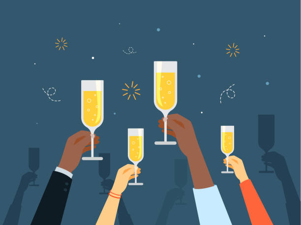 Hands with champagne. People holding champagne glasses and celebrating champagne illustrations stock illustrations