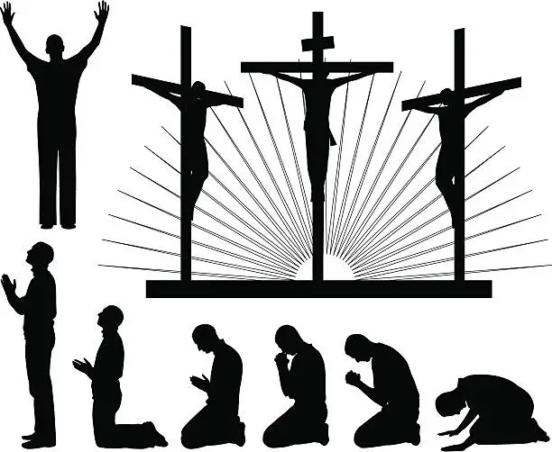 Vector illustration of Silhouettes of the three crosses and praying man