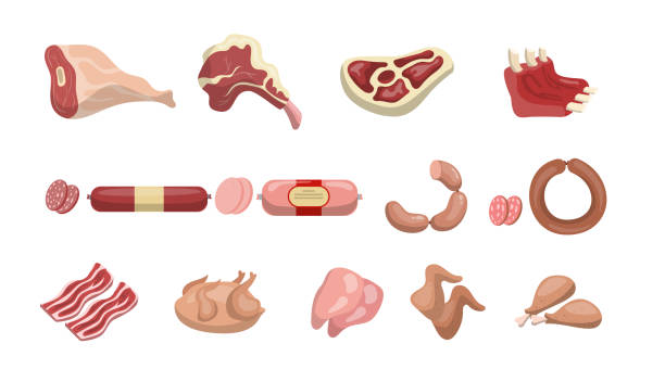 ilustraciones, imágenes clip art, dibujos animados e iconos de stock de conjunto de productos de carne. - bacon illustration and painting pork ham