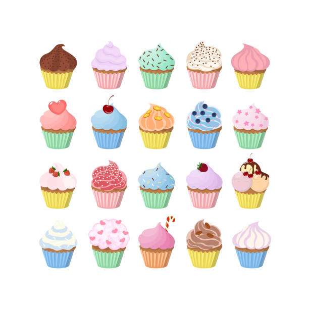 ilustraciones, imágenes clip art, dibujos animados e iconos de stock de conjunto de cupcakes dulce - cupcake