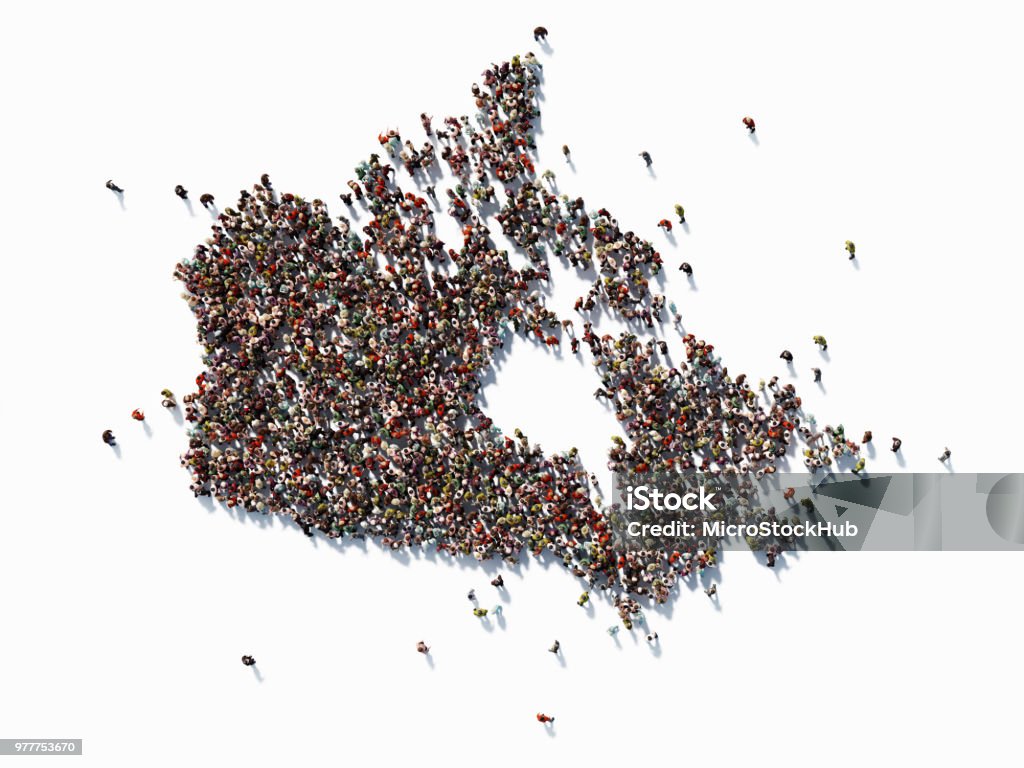 Human Crowd Forming A Canada Map: Population And Social Media Concept Human crowd forming a big Canada map on white background. Horizontal composition with copy space. Clipping path is included. Population and Social Media concept. Canada Stock Photo