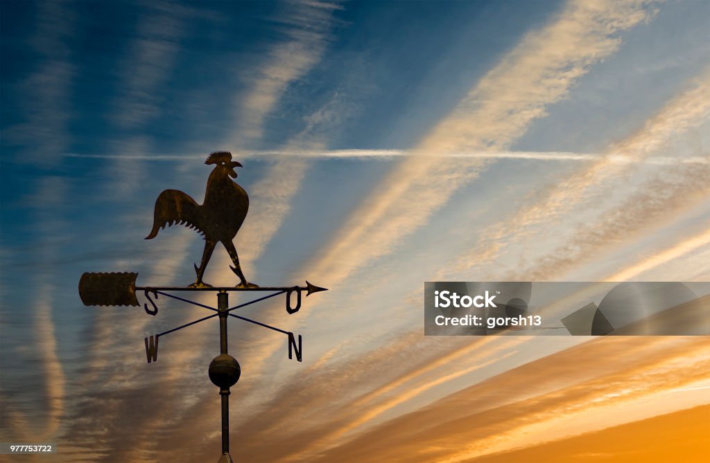 Silhouette of weather vane with decorative metallic rooster Weather vane is an old instrument widely used for estimating of wind direction Weather Vane Stock Photo