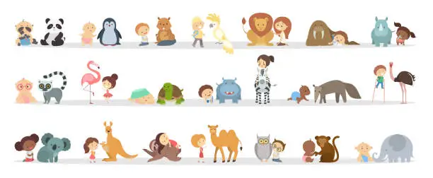 Vector illustration of Babies with animals.