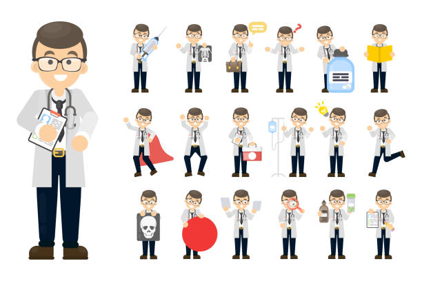 Doctor man set. Doctor man set. Posing and activities on white. x ray results stock illustrations