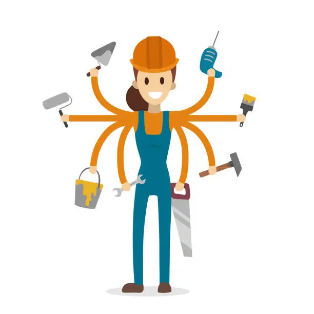 Vector illustration of Multitasking construction worker