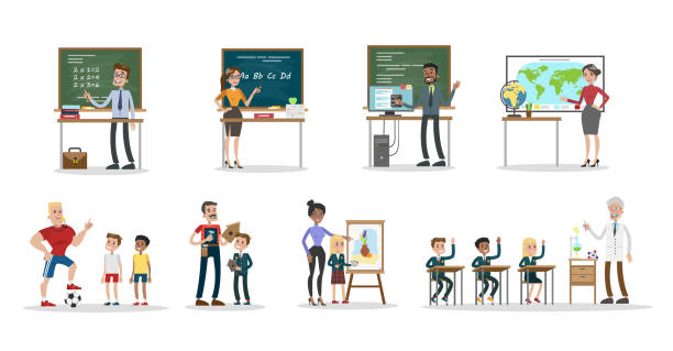 ilustraciones, imágenes clip art, dibujos animados e iconos de stock de conjunto de profesores de escuela - teacher