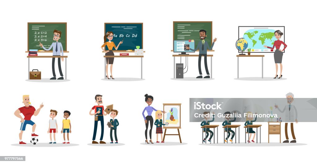 School teachers set School teachers set. Men and women teaching pupils. Teacher stock vector