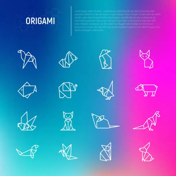 Vector illustration of Origami thin line icons set: penguin, camel, fox, bear, sparrow, fish, mouse, bird, elephant, kangaroo, hare, seal, raccoon. Modern vector illustration for workshop.