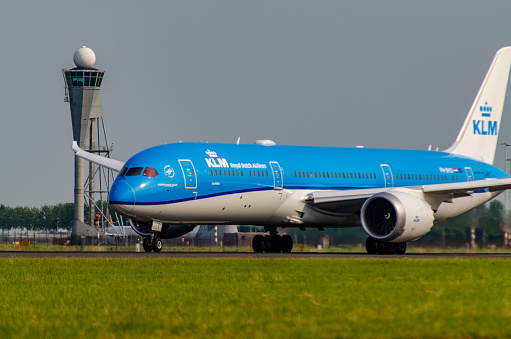 Amsterdam, The Netherlands - June 15, 2018: Boeing 787 Dreamliner of KLM taking off at Schiphol