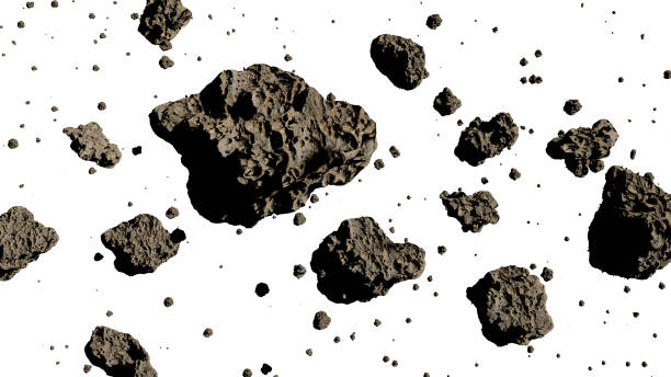 group of asteroids isolated on white background cutout set, group of flying asteroids on white ground asteroid stock pictures, royalty-free photos & images