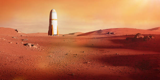 istock landscape on planet Mars, spaceship landing on the red planet (3d space illustration) 977817974