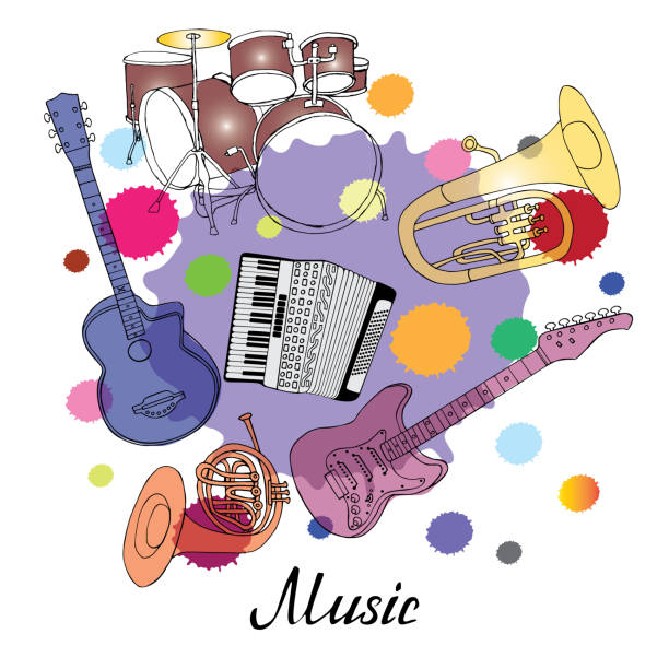 ilustraciones, imágenes clip art, dibujos animados e iconos de stock de orquesta cuerno, tuba, guitarra, batería, tuba, acordeón en manchas de color - bugle trumpet jazz music