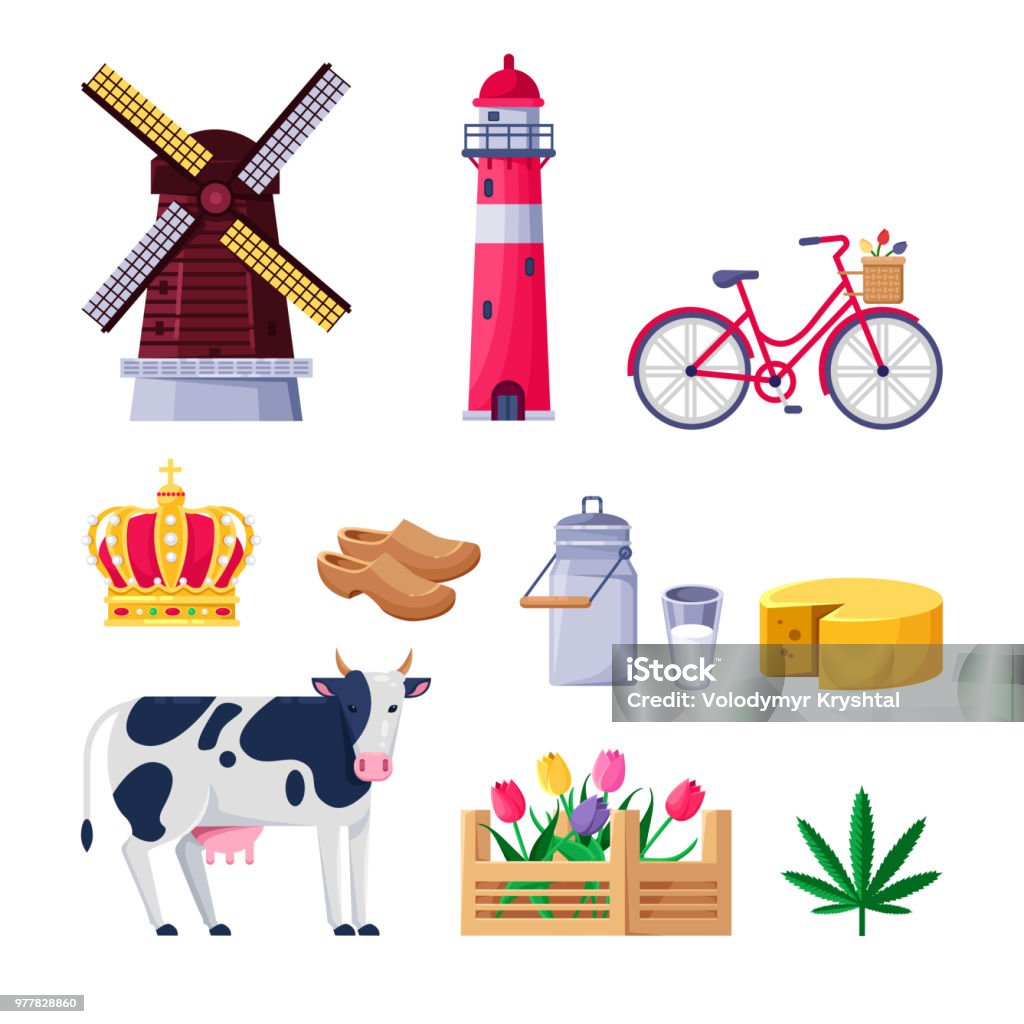 Travel to Holland vector icons and design elements. Netherlands national symbols and landmarks. Travel to Holland vector icons and design elements. Netherlands national symbols and landmarks. Cartoon style illustration. Hemp stock vector