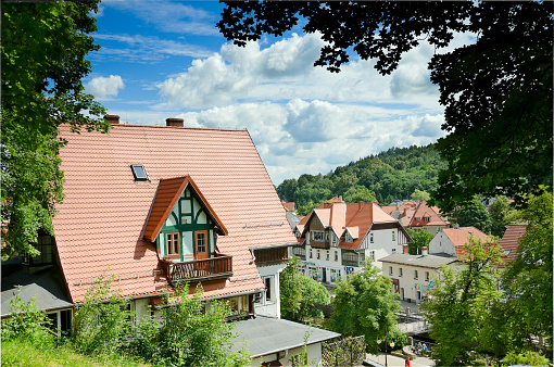 Polanica Zdroj spa resort, Lower Silesia province, Poland. View from the upper town to the center.