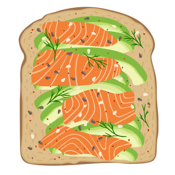 ilustraciones, imágenes clip art, dibujos animados e iconos de stock de ahumados salmón y aguacate por espelta pan tostado. delicioso sándwich de aguacate y lox. ilustración de vector. - smoked salmon illustrations