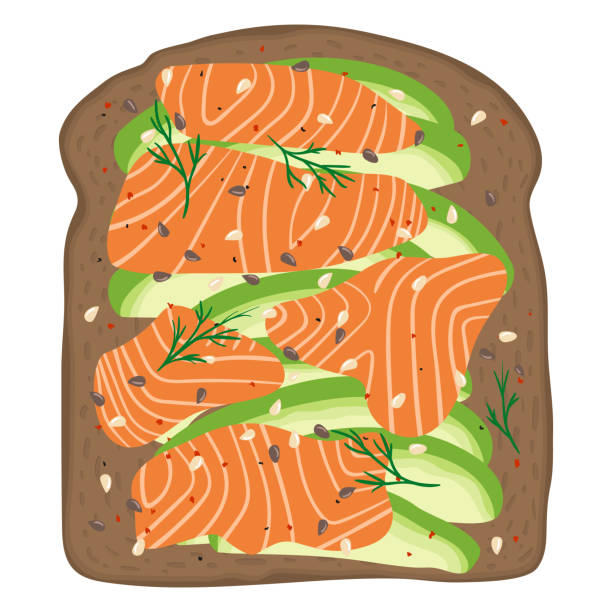 ilustraciones, imágenes clip art, dibujos animados e iconos de stock de salmón ahumado y palta en pan de centeno oscuro tostado. delicioso sándwich de aguacate y lox. ilustración de vector. - smoked salmon illustrations