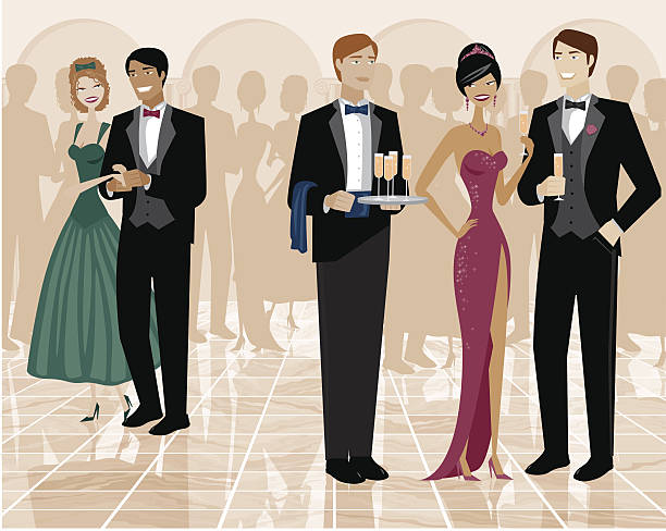 illustrations, cliparts, dessins animés et icônes de groupe de personnes debout dans la salle de bal et habillé - champagne flute champagne black wineglass