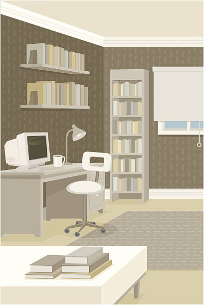 Home Office A neat and tidy home office with bookshelves and a computer desk. No gradients were used when creating this illustration. tidy home office stock illustrations
