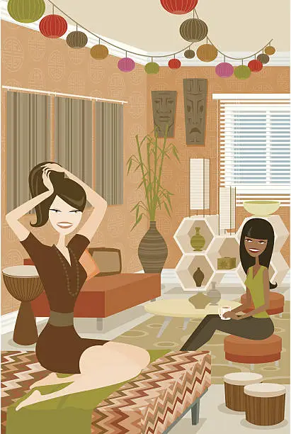 Vector illustration of Two Women Sitting and Talking in Funky Bedroom