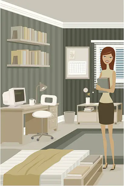 Vector illustration of Young Woman Standing in Tidy Bedroom with Computer Desk