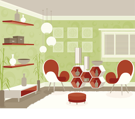 A mod-inspired living room in the complimentary colors green and red, with white accents. No gradients were used when creating this illustration.