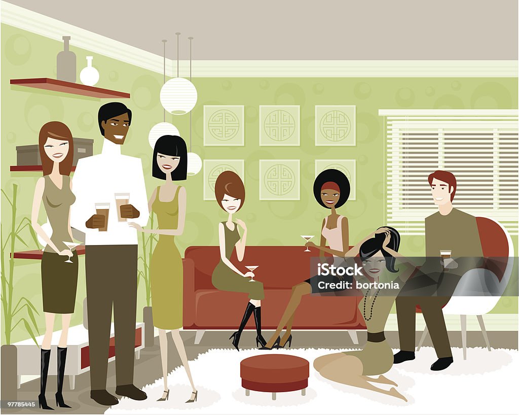 Personas en una fiesta casa en verde y rojo Mod habitación - arte vectorial de Fiesta libre de derechos