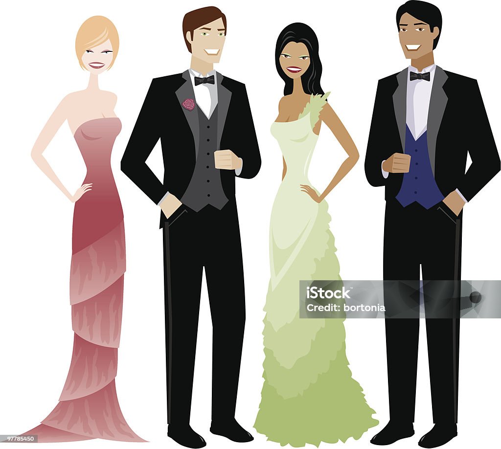 Two Couples in Evening Wear Two glamorous couples in formal evening wear. Gradients were used when creating this illustration. Tuxedo stock vector