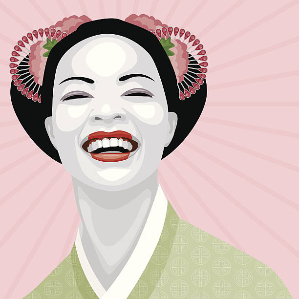 ilustraciones, imágenes clip art, dibujos animados e iconos de stock de riendo geisha - color image colored background close up human face