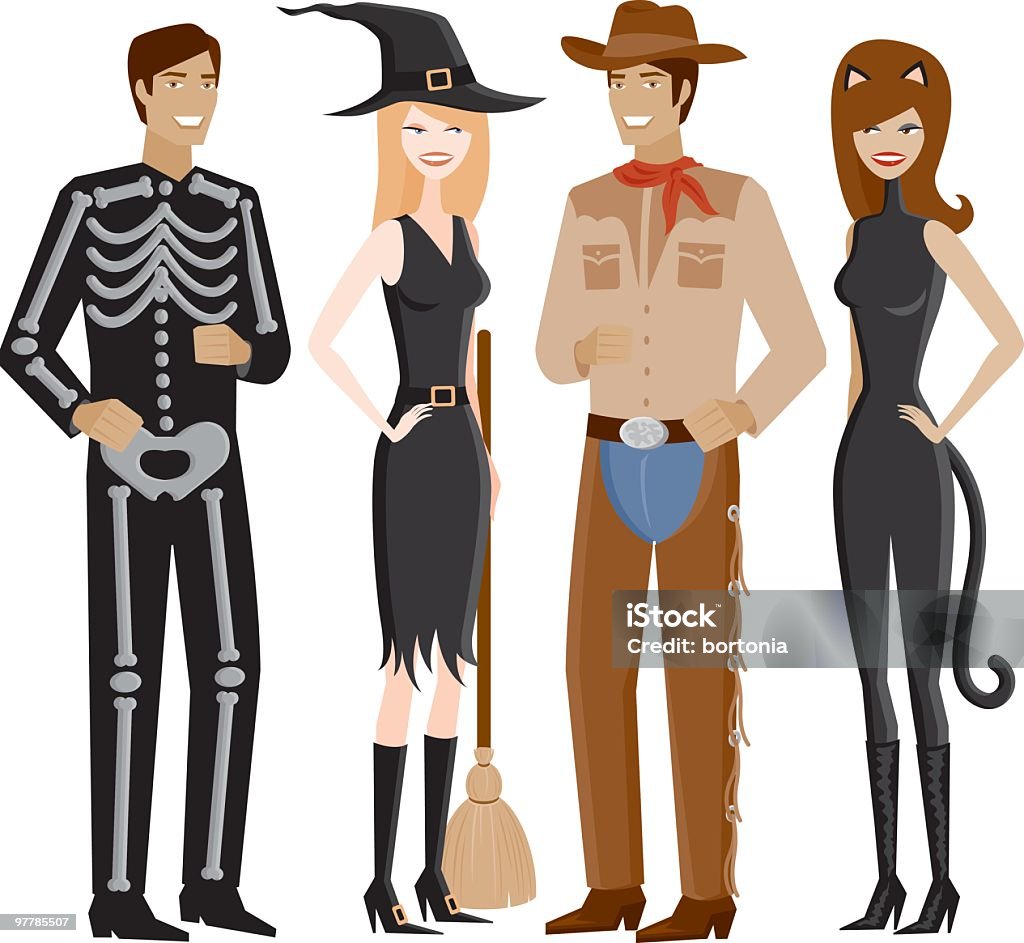 Zwei Paare In Halloween-Kostümen - Lizenzfrei Besen Vektorgrafik