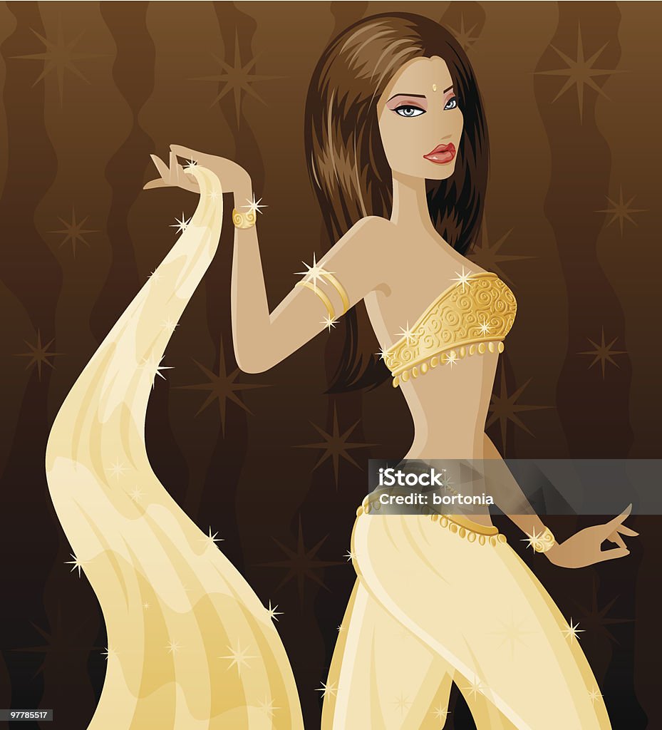 Beautiful Belly Dancer A belly dancer in gold holding a scarf. ZIP includes AI8 EPS, high resolution JPEG file and an AI CS3 file. Gradients were used when creating this illustration. Adult stock vector