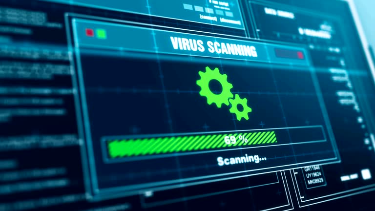 virus scanning Progress Warning Message Threat Detected Alert on Screen , Computer Screen Entering System Login And Password Logging into Showing progress granted System Security.