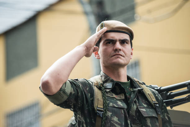 Brazilian army on the streets, civic parade Rio de Janeiro, Brazil -  September 07, 2013:  Brazilian Army soldiers are seen on the streets of Valença (south of Rio de Janeiro) during the parade of independence of Brazil on September 7. curtseying stock pictures, royalty-free photos & images