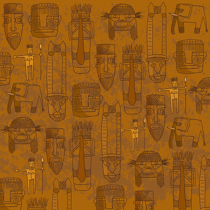 Orange background with sketches of tribal masks