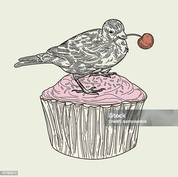 Птица На Cupcake — стоковая векторная графика и другие изображения на тему Гравюра на дереве - Гравюра на дереве, Черешня, Без людей