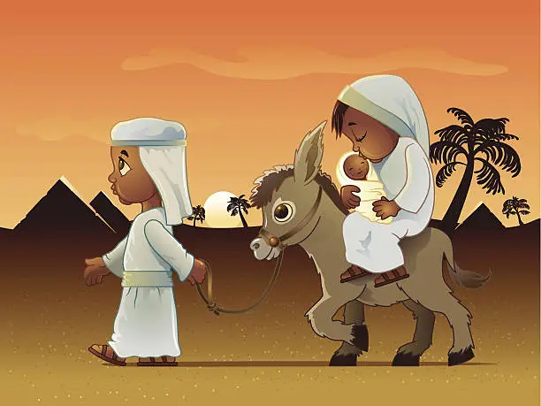 Vector illustration of Man Walking Donkey Carrying Wife and Baby in Egypt