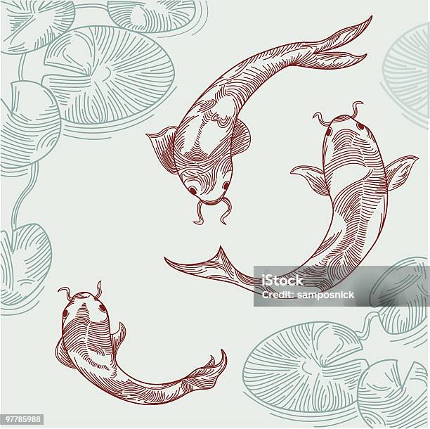 Koi Poissons En Étang Vecteurs libres de droits et plus d'images vectorielles de Carpe Koï - Carpe Koï, Illustration, Dessin au trait