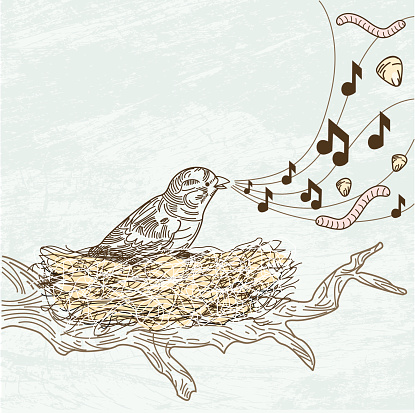 A little bird in a nest sings about his dinner on a distressed background. Worms and seeds, yum!