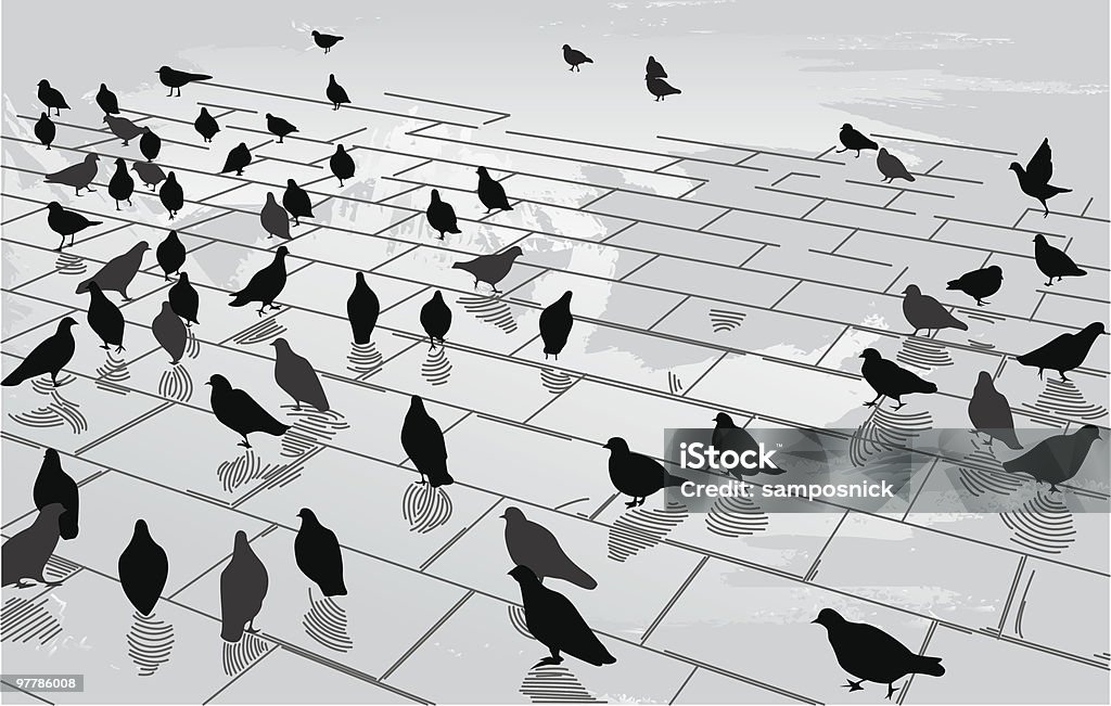 Pigeons in the Square Dozens of pigeons converging on a wet Venice square. Bird stock vector