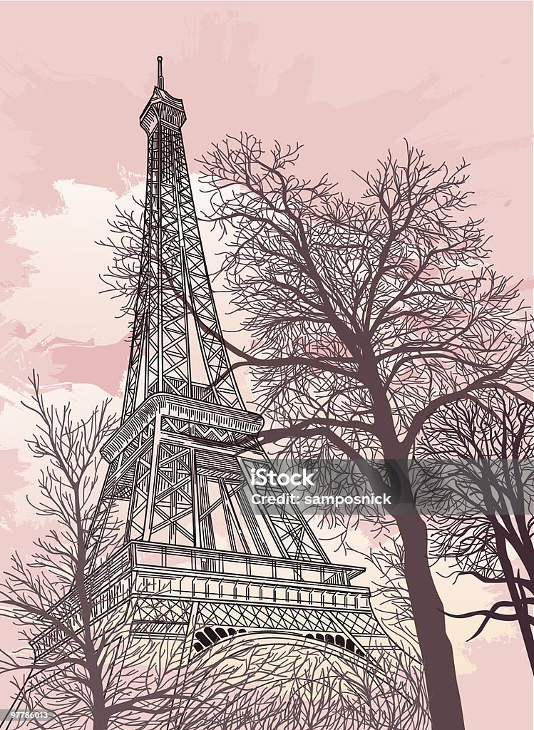 Drawing of the Eiffel Tower with a pink sky and trees The sun rises beyond the Eiffel Tower in Paris, France. Paris - France stock vector