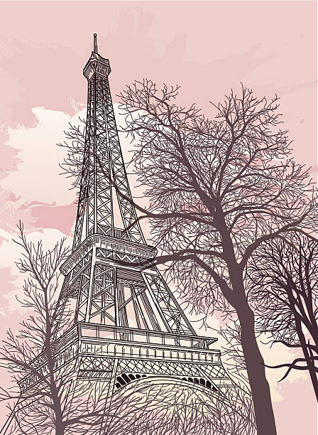 Drawing of the Eiffel Tower with a pink sky and trees The sun rises beyond the Eiffel Tower in Paris, France. eiffel tower paris illustrations stock illustrations